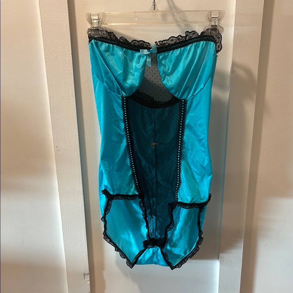 Vintage Vtg Blue Strapless Lingerie Lace One Piece Sexy Sheer Babydoll Teddy